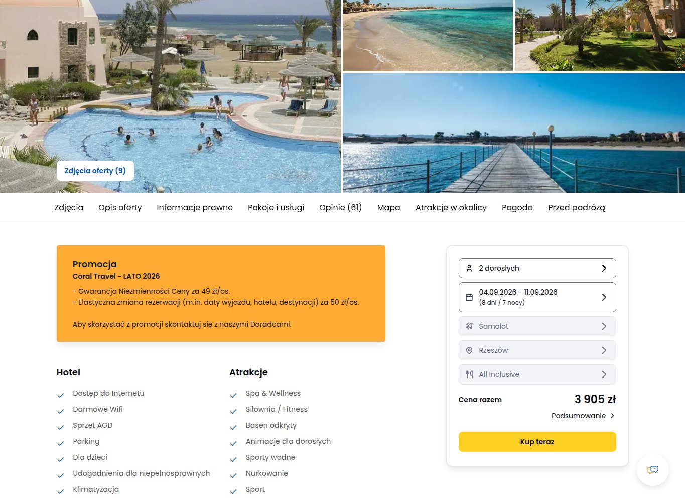 Screenshot ceny: Tydzień w Shams Alam nad samym morzem - all inclusive z Rzeszowa za 3905 zł za 2 osoby