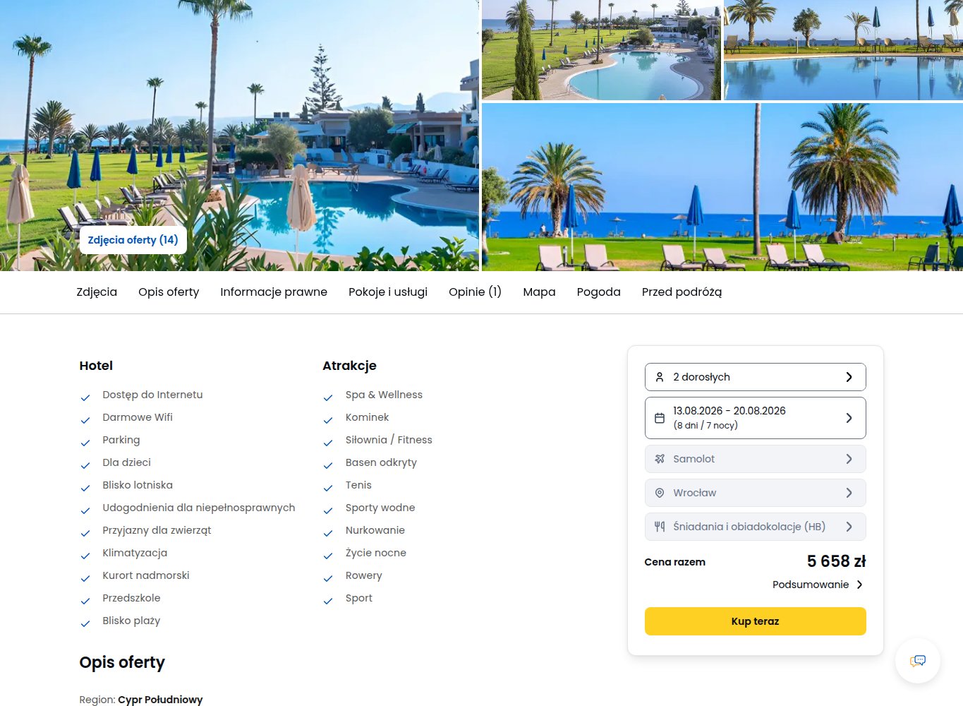 Screenshot ceny: Tydzień na Cyprze w hotelu Natura Beach w Polis z Wrocławia z jedzeniem od 2829 zł/os.