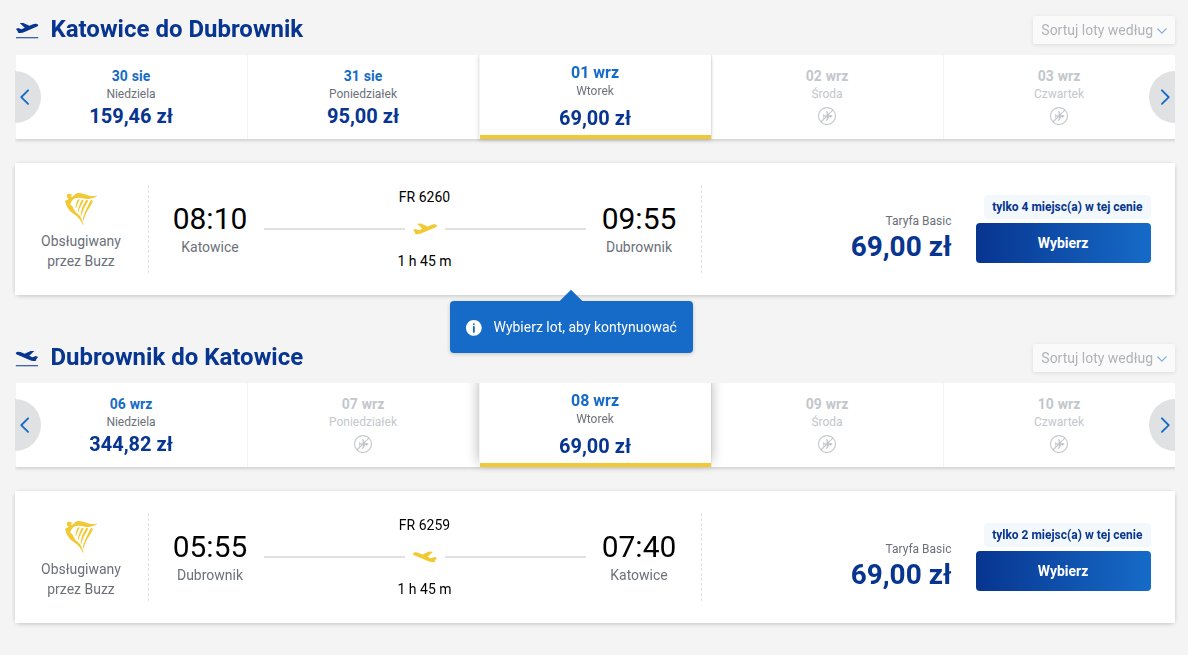 Screenshot ceny bezpośrednio z Ryanair: Katowice - Dubrownik - Katowice