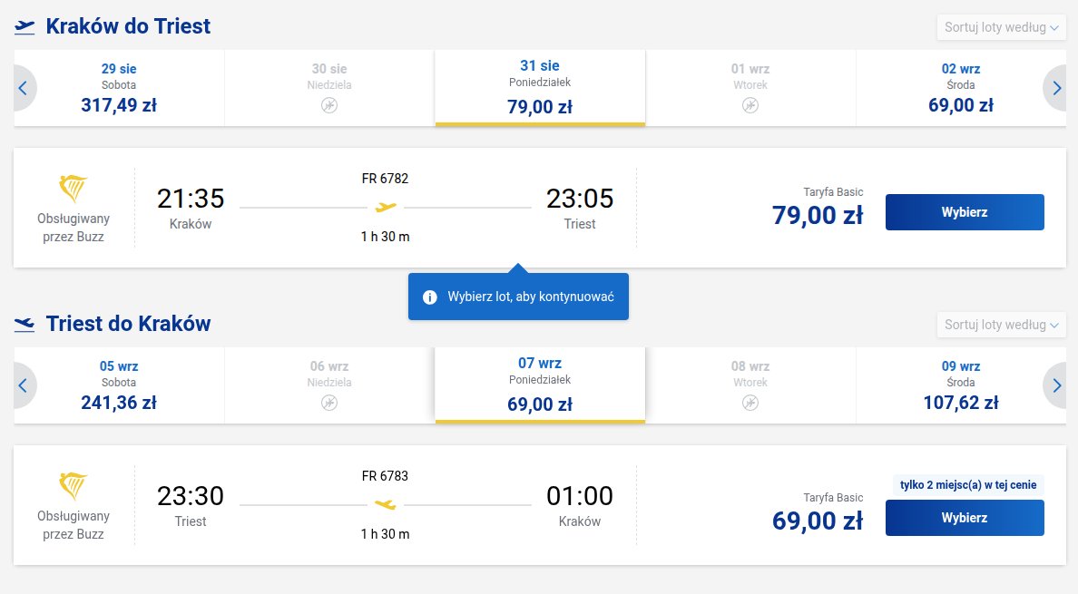 Screenshot ceny bezpośrednio z Ryanair: Kraków - Triest - Kraków