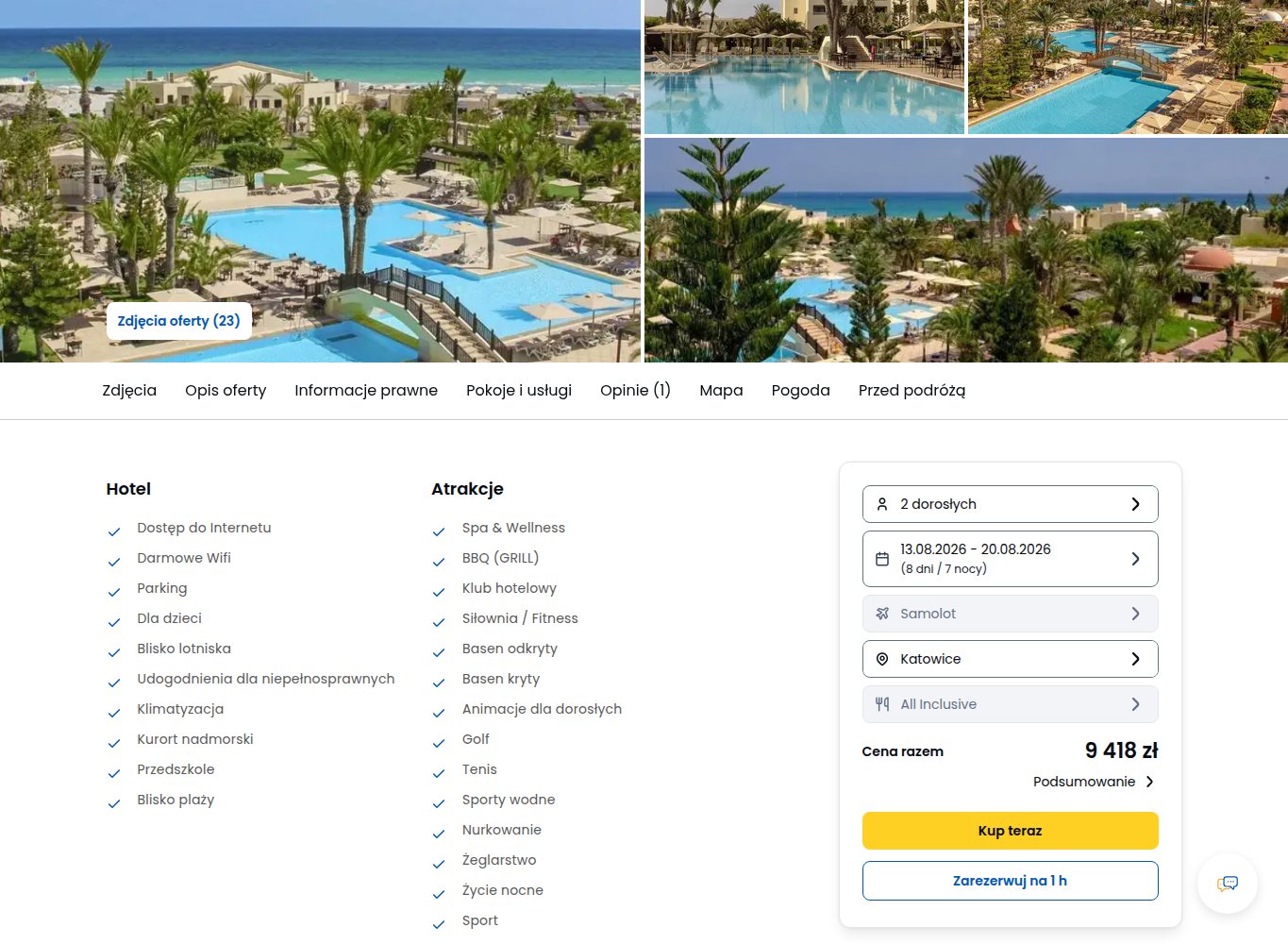 Screenshot ceny: Djerba na tydzień w bardzo dobrze ocenionym Aldiana Club Djerba Atlantide z All Inclusive z Katowic za 4709 zł za osobę