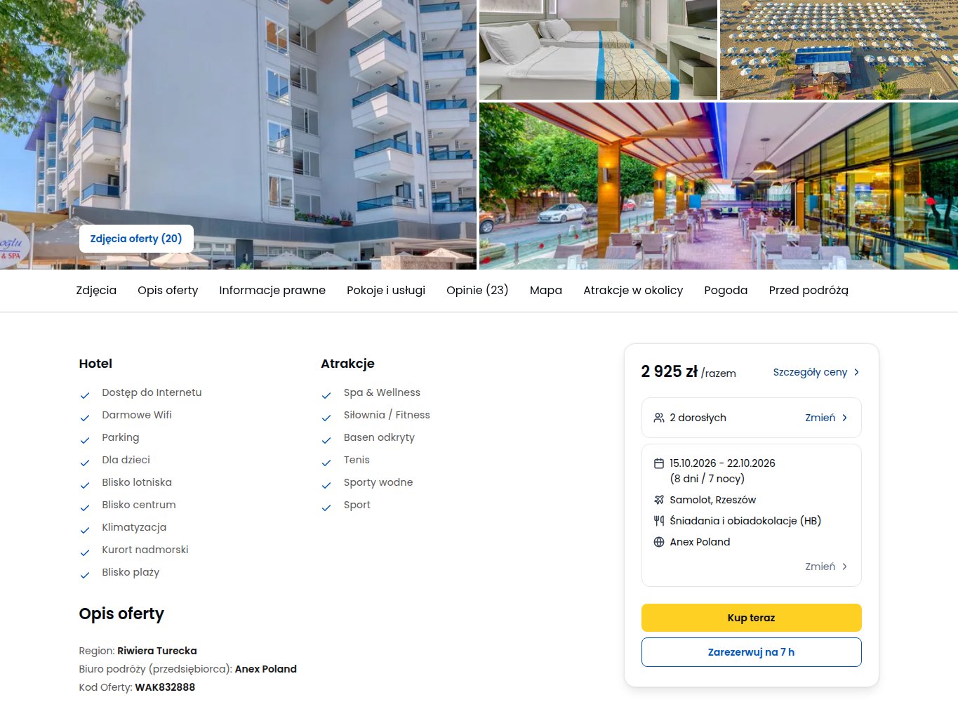 Screenshot ceny: Alanya pojutrze z Rzeszowa - 7 nocy HB za 1463 zł/os.
