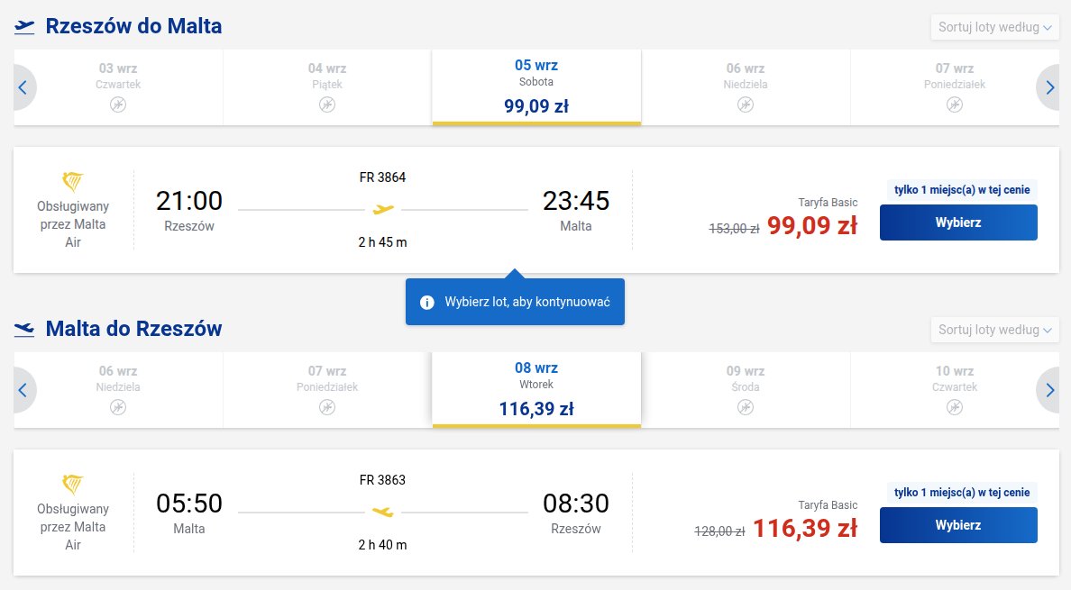 Screenshot ceny bezpośrednio z Ryanair: Rzeszów - Malta - Rzeszów