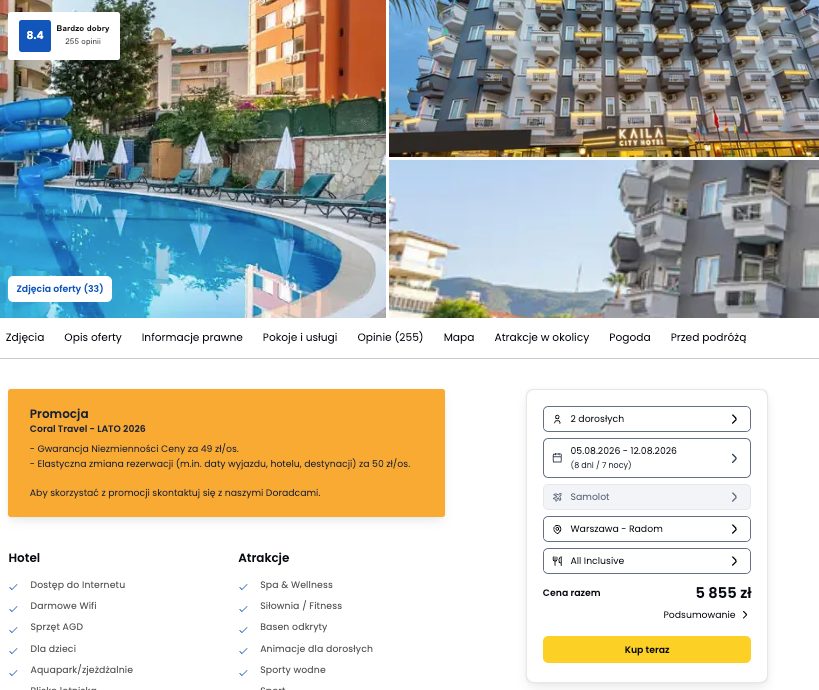 Screenshot ceny: Wakacje Alanya w 4* hotelu Kaila City na 7 nocy z all inclusive z Radomia za ok. 2928 zł/os.