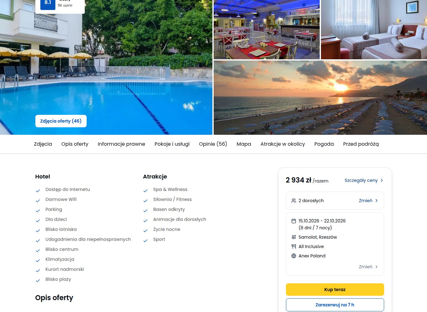 Screenshot ceny: Turcja pojutrze z Rzeszowa - 7 nocy All Inclusive za 1467 zł/os.