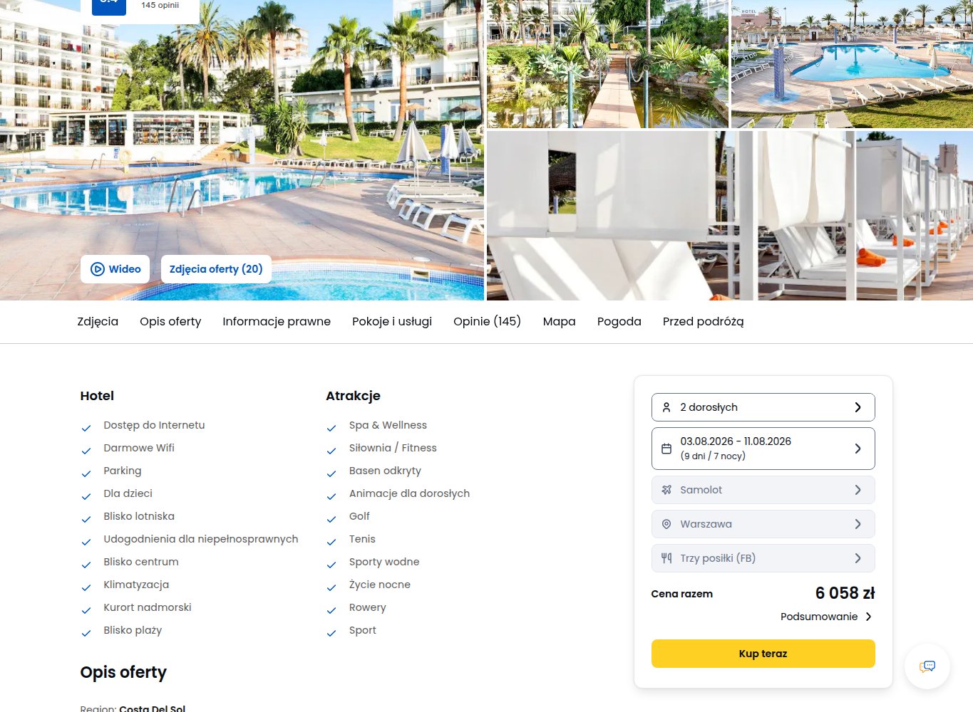 Screenshot ceny: Tydzień w Hiszpanii na Costa del Sol za 3029 zł/os.