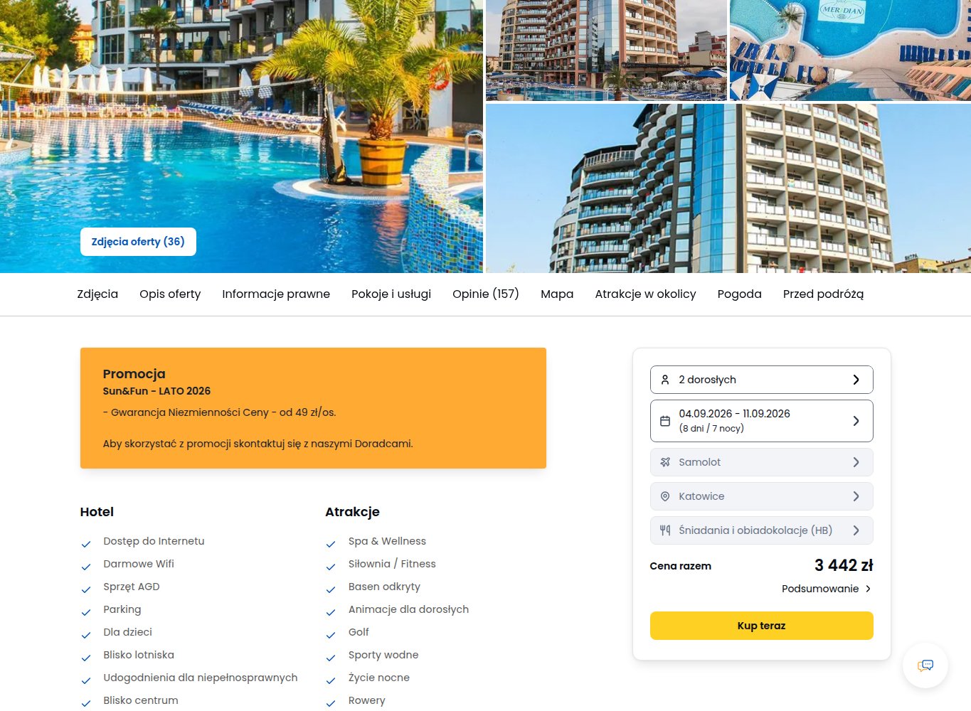 Screenshot ceny: Bułgaria na wrzesień na 7 nocy w Słonecznym Brzegu blisko plaży za 3442 zł za pokój
