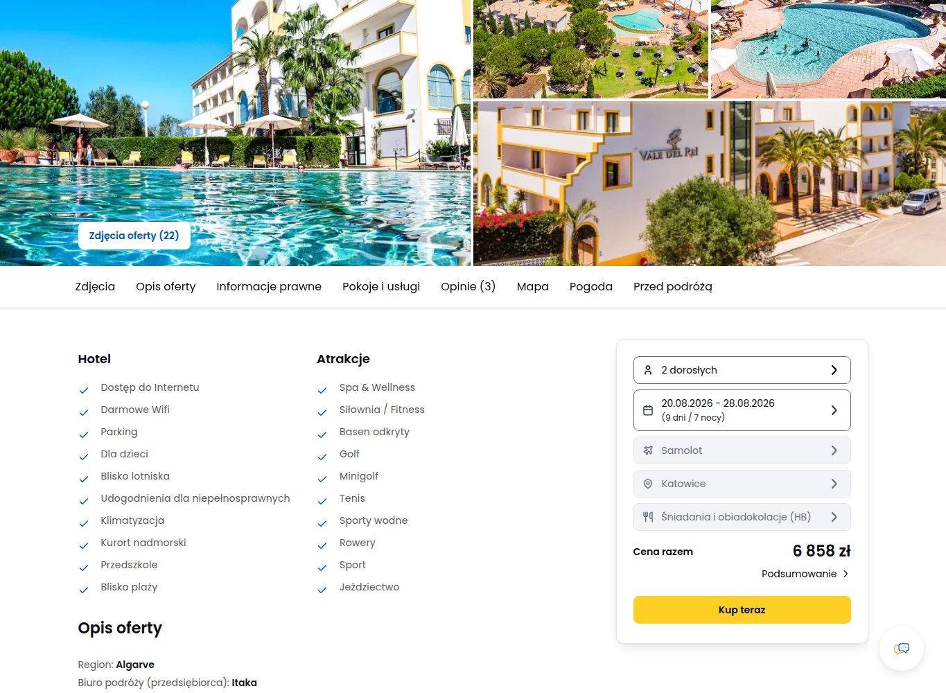Screenshot ceny: Wakacje w Algarve w Vale d'El Rei - 7 nocy z lotem z Katowic za 3429 zł/os.