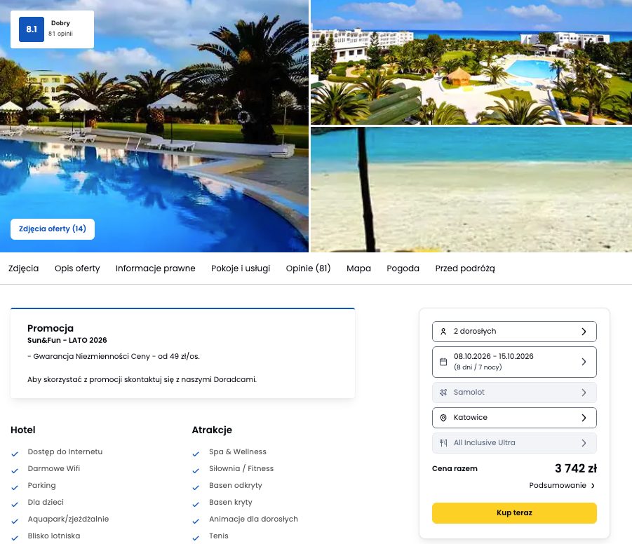 Screenshot ceny: Tunezja na 7 nocy z Katowic - Ultra All Inclusive za 1871 zł/os.