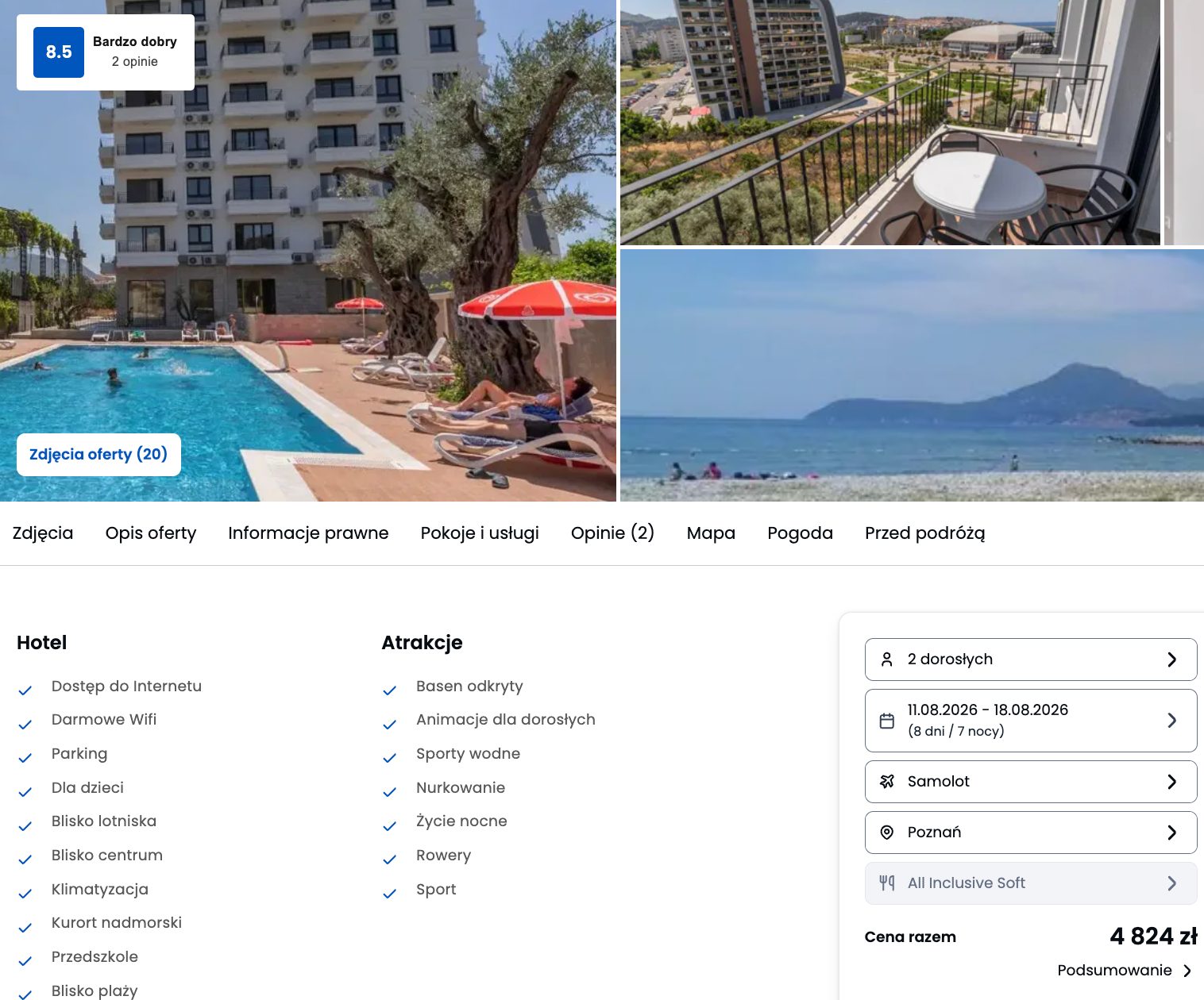 Screenshot ceny: Wakacje - tydzień w Czarnogórze w 3-gwiazdkowym hotelu z All Inclusive z Poznania za 2412 zł za os.