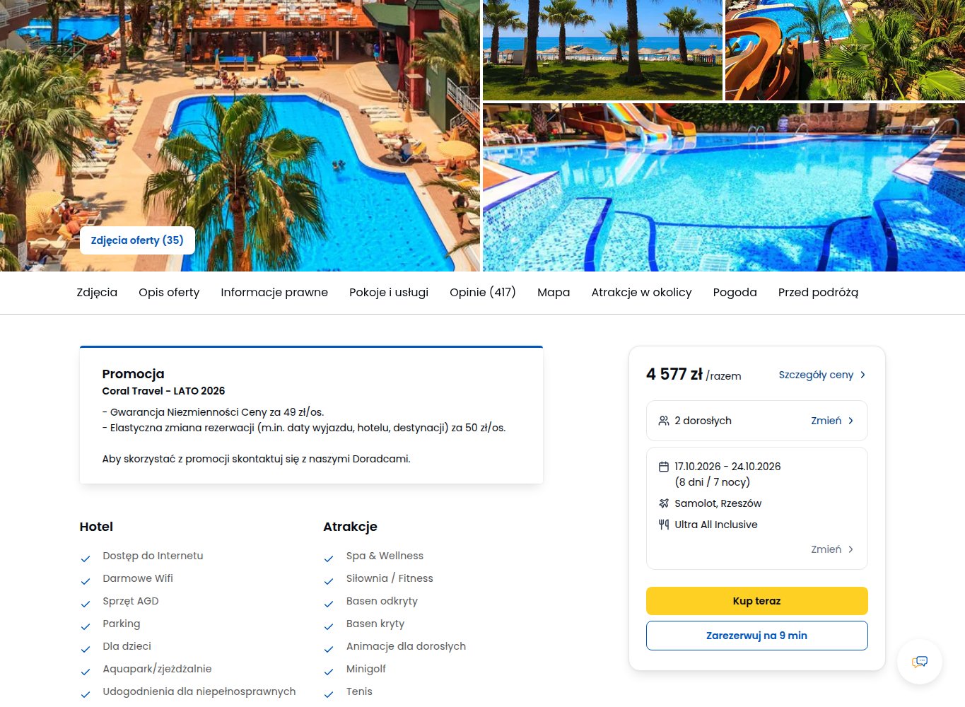 Screenshot ceny: Turcja za 3 dni z Rzeszowa - 7 nocy Ultra All Inclusive za 2289 zł/os.