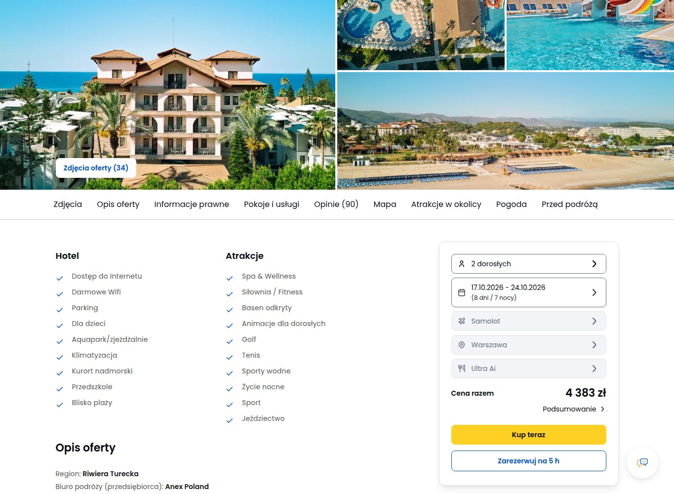 Screenshot ceny: Turcja za 3 dni z Warszawy - 7 nocy Ultra All Inclusive za 2192 zł/os.