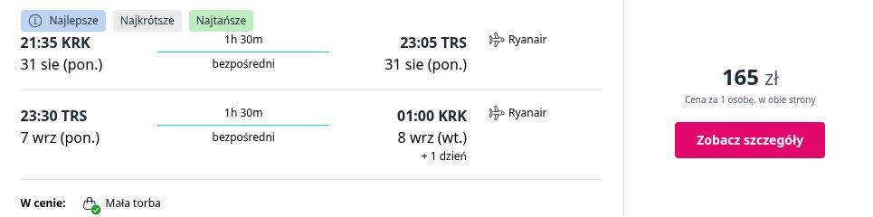 Screenshot ceny lotu: Kraków - Triest - Kraków