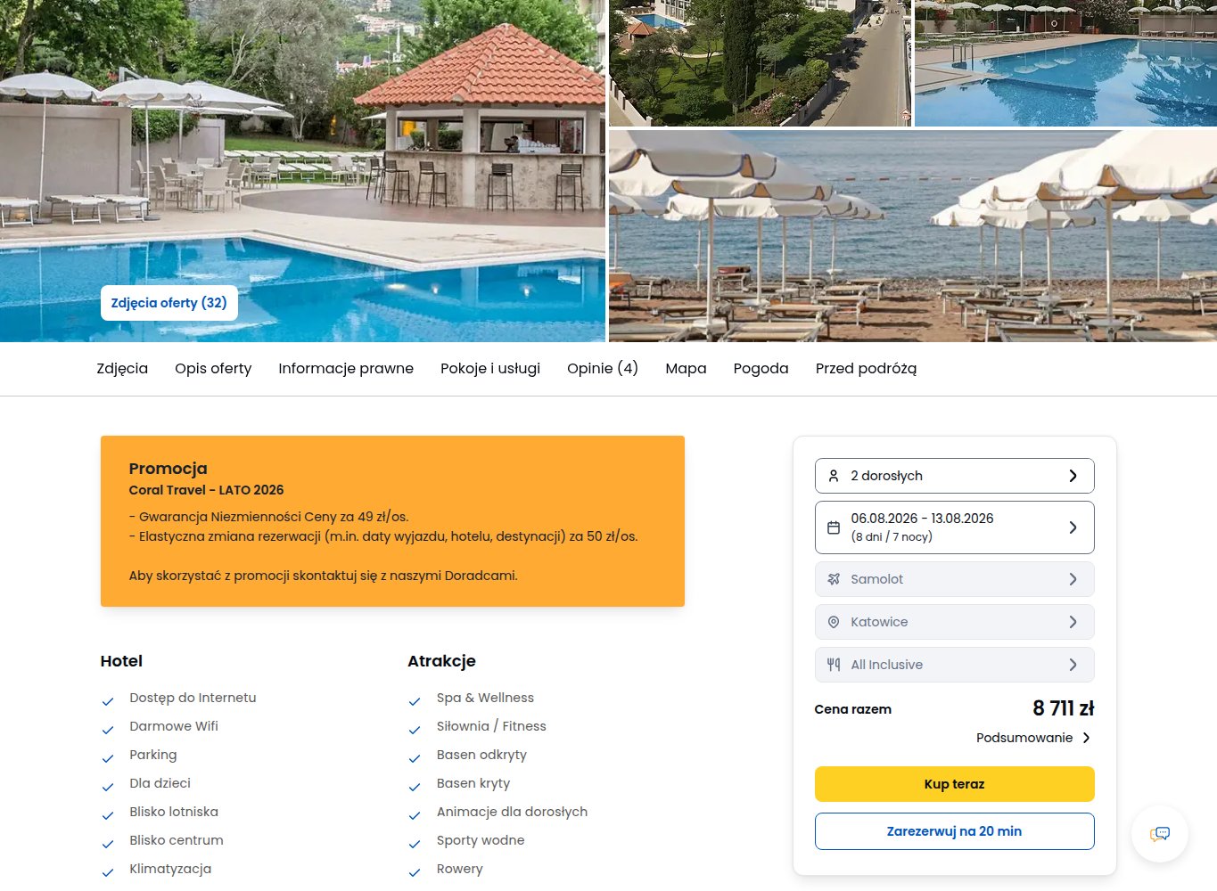 Screenshot ceny: Czarnogóra w hotelu Tara z 4 gwiazdkami na 7 nocy all inclusive z Katowic za ok. 4356 zł/os.