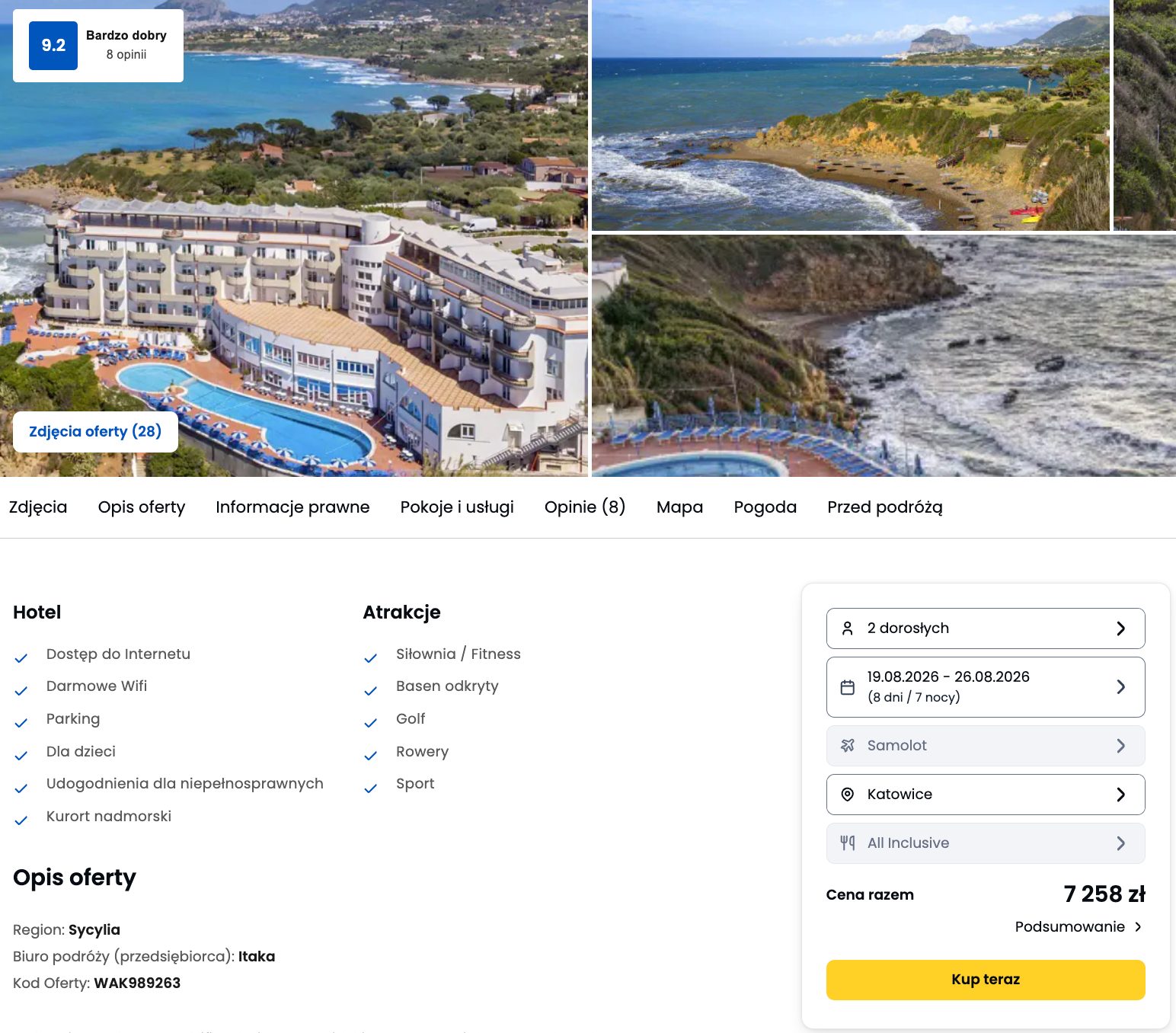Screenshot ceny: Last minute na Sycylii w Carlton Riviera na 7 nocy z All Inclusive z Katowic za 3629 zł/os.